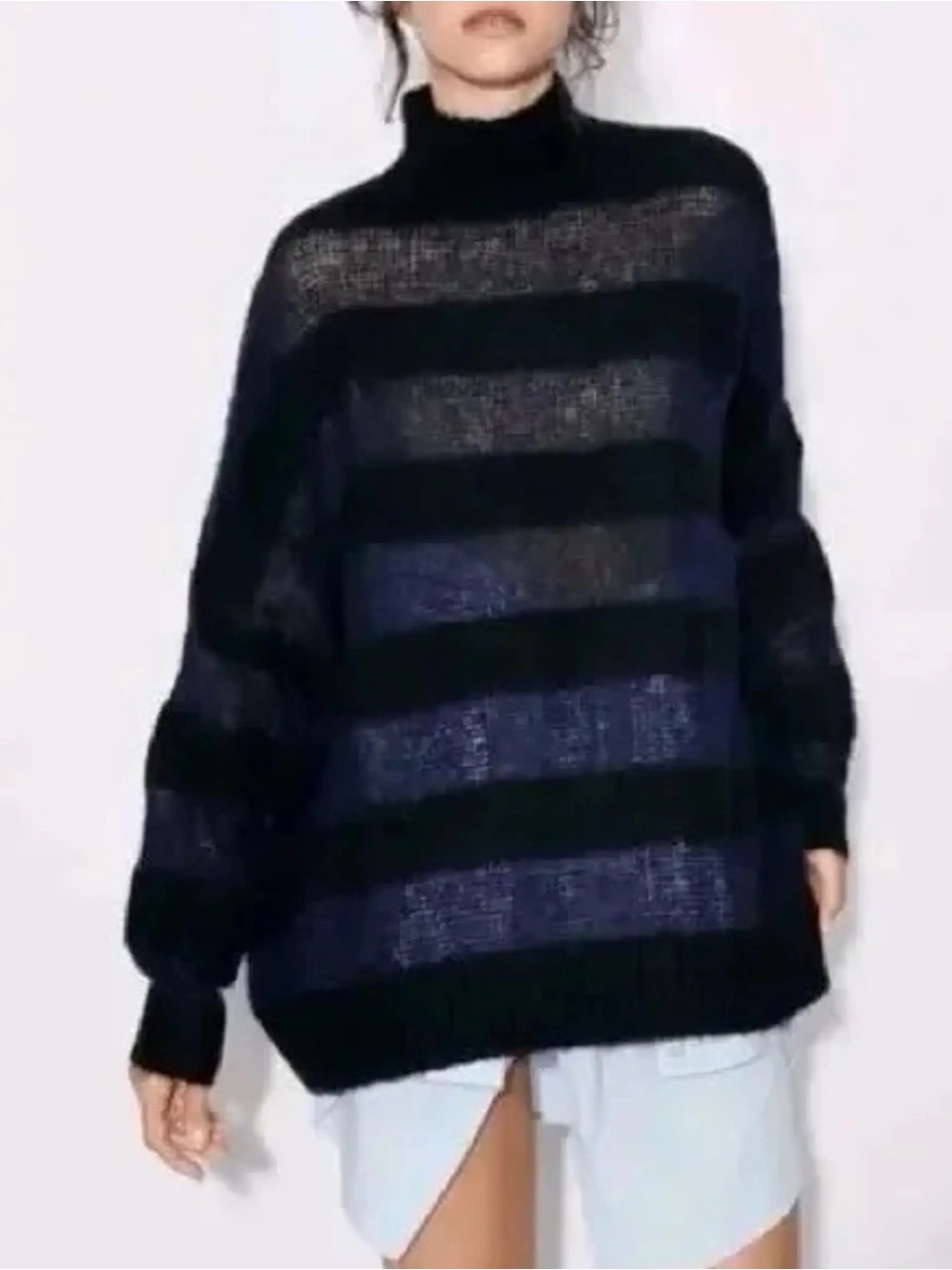 Zara Black Navy Striped Oversized Turtleneck Sweater M